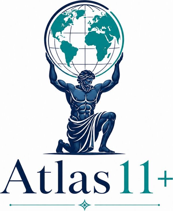 The Atlas 11+ logo — the titan Atlas holding a globe of teal continents above the words Atlas 11+